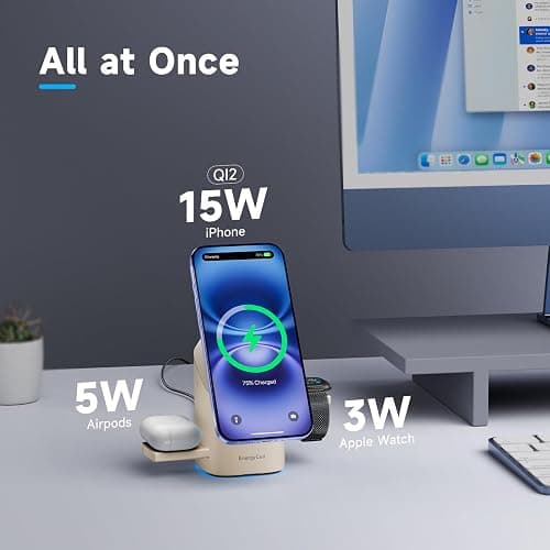 EnergyCell Rotating Wireless Charger, Qi2 Certified 2X Faster 15W for iPhone Charging Station 16/15/14/13/12, Apple Watch, AirPods, 3 in 1 Charging Station Apple Magnetic with Heat Dissipation, Desert thumbnail 4