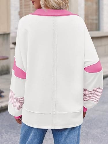 Fisoew Womens Color Block Oversized Sweatshirt Polo V Neck Long Sleeve Shirts Casual Loose Pullover Tops thumbnail 3