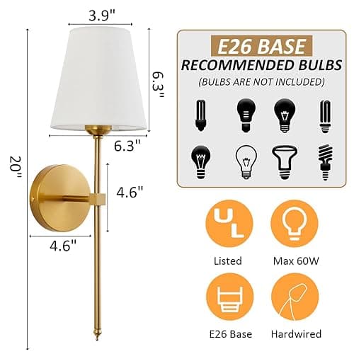 KUAUGST Wall Sconces Sets of 2, Retro Industrial Wall Lamps, Bathroom Vanity Sconces Wall Lighting with White Fabric Shade, Suitable for Bedroom Living Room Corridor Kitchen thumbnail 6