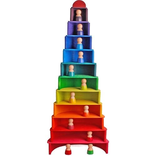 Dinhon Wooden Rainbow Stacking Toys, 12 Pcs Wood Building Blocks Set Wooden Building Blocks Nesting Puzzles, Early Matching Educational Learning Montessori Toys for Kids 3 4 5 6 Years and Up thumbnail 7