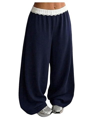 RoseSeek Girl's Lace Trim Baggy Sweatpant High Waisted Wide Leg Sweatpant Workout Track Pants Trousers - Image 1