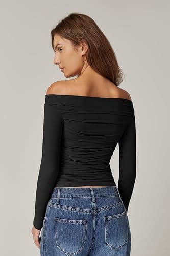 QINSEN Womens Off Shoulder Long Sleeve Tops Ruched Going Out Crop Slim Fitted Double Lined Shirts thumbnail 4