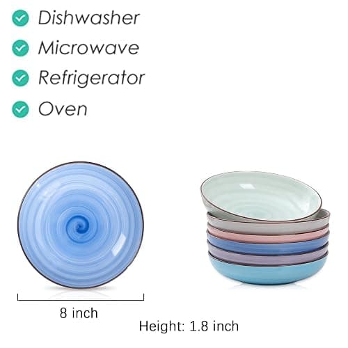 Selamica Porcelain 26 Ounce Salad Pasta Bowls, 8 inch Wide and Shallow Serving bowls, Microwave & Dishwasher Safe, Sturdy & Stackable, Set of 6, Gradient Color thumbnail 3