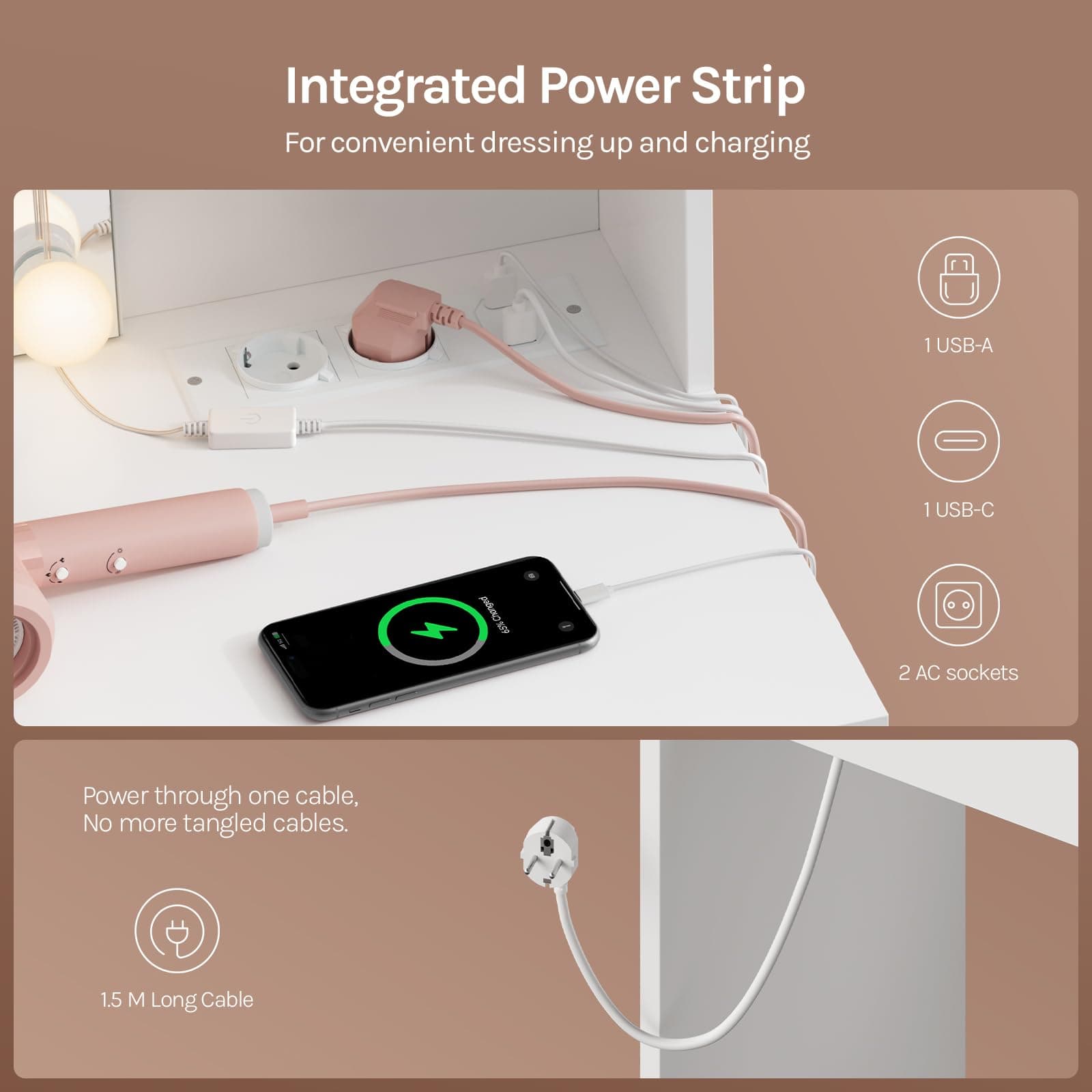 WOLTU 10-Bulb Dressing Table, LED String Light White Vanity Unit with Mirror, Power Strip, 2 Drawers, 4 Shelves, 90 x 40 x 135 cm, MB6123ws thumbnail 5