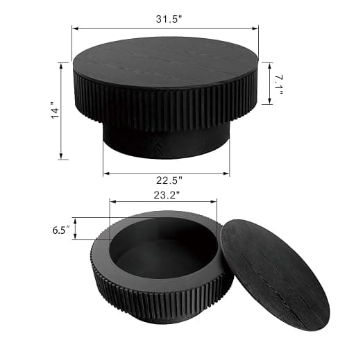 Round Coffee Table with Storage, Modern Wooden Coffee Table with Solid Wood Veneered, Circle Center Table Accent Tea Table for Living Room Apartment Small Space (31.5''L × 31.5''W × 14''H, Black) thumbnail 2