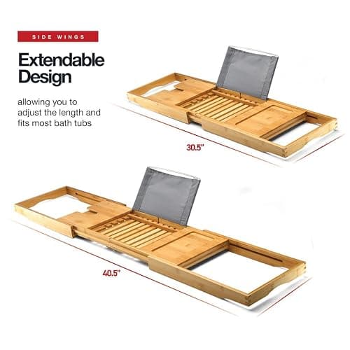 Luxury Foldable Bathtub Tray Caddy - Waterproof Wooden Bath Organizer for Wine, Book, Soap, Phone - Expandable Size Fits Most Tubs thumbnail 2