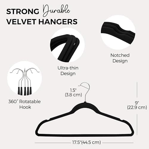 HOUSE DAY Premium Velvet Hangers 50 Pack Black, Non-Slip Flocked Felt Hangers, Sturdy Clothes Hangers with 360° Rotatable Hook, Heavy Duty Coat Hanger, Durable Slim Hanger for Closet Space Saving thumbnail 3
