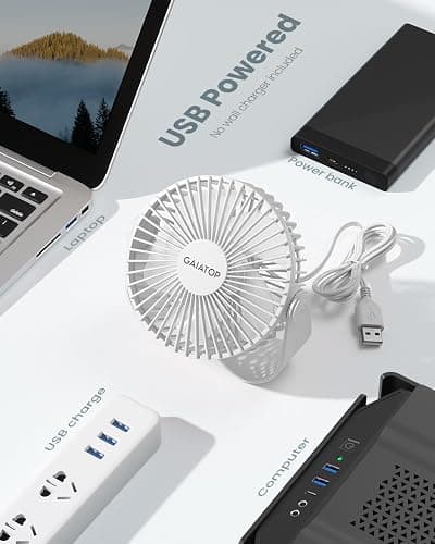 Gaiatop USB Desk Fan, 3 Speeds Strong Airflow, 5.5 Inch Portable 90° Rotate Quiet Cooling, Small Personal Table Fans for Bedroom Home Office Travel White thumbnail 2