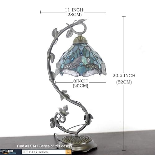 WERFACTORY Tiffany Lamp Sea Blue Stained Glass Dragonfly Style Desk Reading Light, Metal Leaf Table Lamp Base 8X10X21 Inches Decor Small Space Bedside Bedroom Home Office S147 Series thumbnail 7