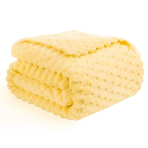 Vessia Flannel Fleece Throw Blanket, 3D Jacquard Light Yellow Fuzzy and Warm Blanket for Couch, Sofa, Bed, 300GSM Super Soft Touch Cozy Home Decor for All Seasons (50x70 inches) thumbnail 5