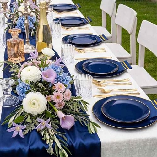 NOCCUR 350PCS Navy Blue Plastic Plates - Blue Disposable Dinnerware Set for 50 Guests, 100 Dinner/Dessert Plates, 150 Gold Silverware, 50 Cups&50 Napkins for Party/Wedding/Graduation/Independence Day thumbnail 6