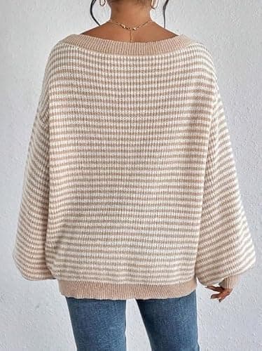 Women's Oversized Striped Sweater Casual Off The Shoulder Sweater Fall Long Sleeve Loose Knit Pullover Jumper Tops thumbnail 5