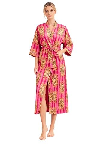 INDACORIFY Printed Kimono Robe, Lounge Wear Striped Cotton Kimono Bathrobe & Beach Cover Up Printed Long Beach Wear thumbnail 2