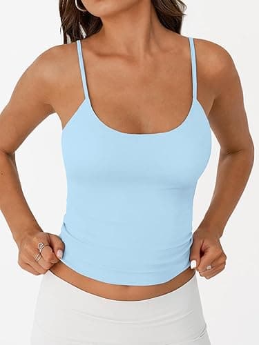 Trendy Queen Womens Spaghetti Strap Tank Top Summer Double Lined Workout Camisole Going Out Cute Tops Y2k Teen Girl Basic - Lightblue - Small thumbnail 2