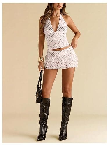 RoseSeek Women's Y2K Polka Dots Backless Halter Tops Sleeveless Ruched Fitted Low Cut Crop Top thumbnail 5