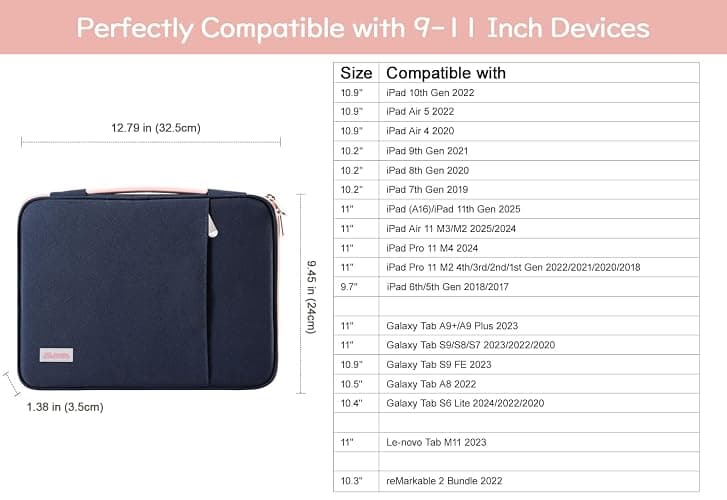 Dadanism 9-11" Tablet Sleeve Organizer Carrying Case with Handle for iPad 10th Gen 10.9", iPad 9/8/7th 10.2, iPad Air 11", iPad Pro 11", iPad Air5/4 10.9, Galaxy Tab A9+ Plus 11", Indigo & Pink - Indigo thumbnail 2