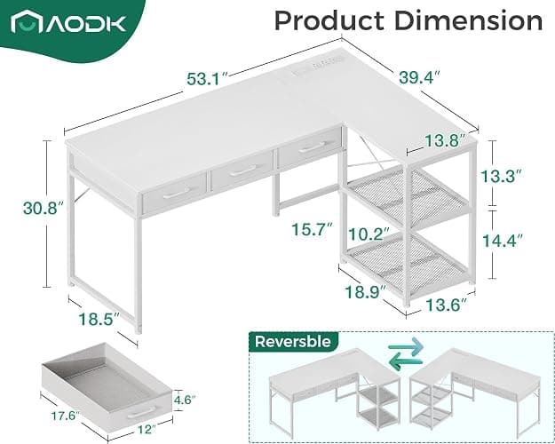 AODK 53 Inch L Shaped Computer Desk with Drawers, Corner Desk with Power Outlets & Reversible Storage Shelves, for Home Office Gaming, White thumbnail 2