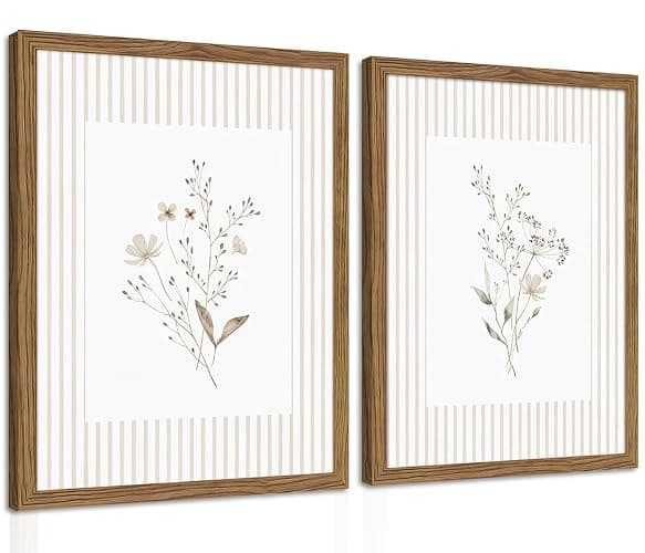 Neutral Wildflower Wall Art Set of 2, Vintage Flower Botanical Wall Decor Painting, Rustic Cottagecore Striped Floral Prints Pictures for Living Room Bedroom 12x16 Inch Framed - Image 1