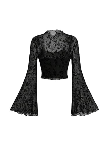 Verdusa Women's Gothic Clothes Y2K Mesh Long Bell Sleeve Crop Tops Country Concert Outfits Boho Tops - Image 1