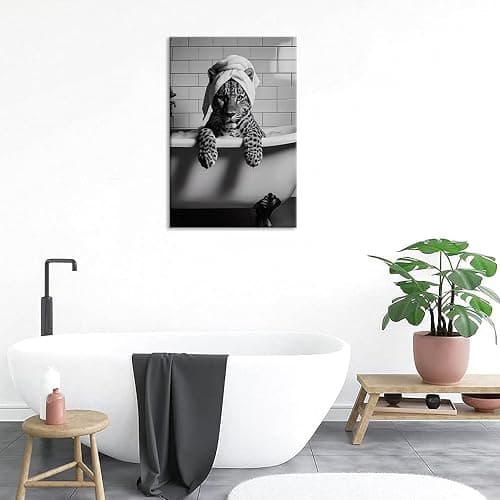Leopard In Bathtub Canvas Print Trendy Black And White Wall Art Maximalist Poster Luxury Animal Bathroom Spa Decor Aesthetic Pictures for Modern Restroom Home Eclectic Decorations 12x16inch Unframed thumbnail 6
