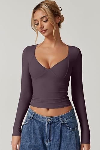 QINSEN Women's Long Sleeve V Neck T Shirts Double Lined Crop Top Seamed Cup Going Out Tops thumbnail 4