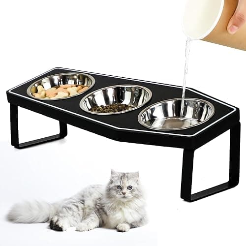 Gothic Cat Food Bowls Elevated, Raised Cat Bowls for Indoor, Non-Slip Stand & Wood Board, Stainless Steel and Whisker Friendly Food Bowls (Cat Bowl*3) - Image 1