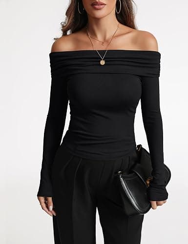 Women's Sexy Off Shoulder Tops Dressy Casual Slim Fit Long Sleeves Spring Fall Blouse Going Out Nightout Shirt(Black,XL) - Large - Black thumbnail 3