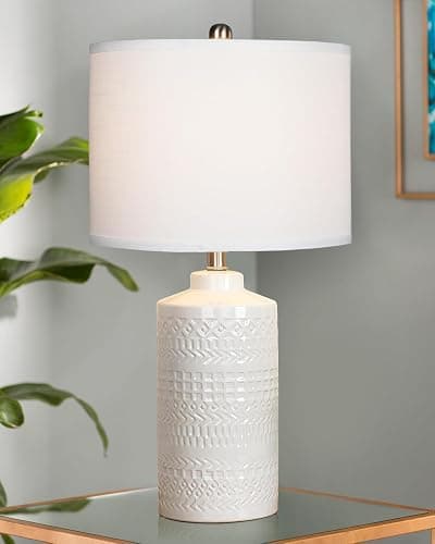 JUNNAI 24.5" White Ceramic Table Lamp 3-Way Dimmable Nightstand with White Linen Shade Bedside Lamp for Bedrooms & Living Room Office Reading(Bulb Included) - Image 1