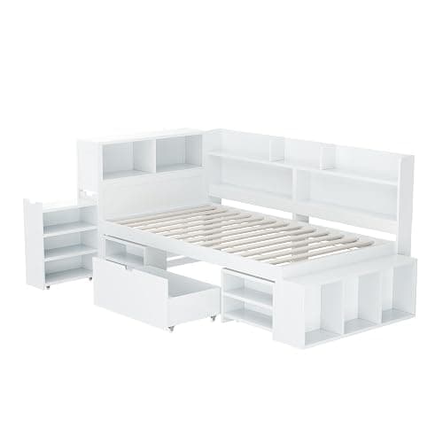 Merax Stylish Single Bed, 3FT Bed Frame with Drawers, Bookcase and Storage Cupboard, Multifunctional Wooden Single Bed Frame with Storage, Children's Bed, Slatted Frame, White, 90x190cm thumbnail 9