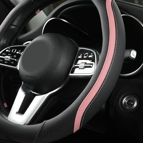 Car Steering Wheel Cover, Leather Steering Wheel Cover Pink Universal 14.5-15 Inch Microfiber Leather Anti-Slip Breathable Auto Steering Wheel Covers for Men Women (Black&Pink) thumbnail 3