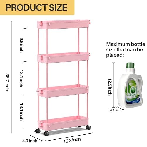 SPACEKEEPER Slim Rolling Storage Cart, 4 Tier Bathroom Cart Organizer, Pink | Narrow Rolling Cart with Wheels for Kitchen Office Bathroom Laundry Room,Mobile Utility Cart for Craft Art Makeup Nail Polish thumbnail 3