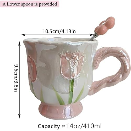 DTIUYIOP Large Ceramic Coffee Mug Pink Cute Flower,with and Spoon,Flower Mugs with Handle,Floral Girly Mugs,Breakfast Milk Oatmeal Cup,Girl Gift,14oz/410ml ，(Pink) thumbnail 3