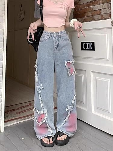 Y2K Baggy Ripped Jeans for Women – Wide Leg Butterfly Print & Star Patch Distressed Denim Pants High Waist Streetwear thumbnail 2