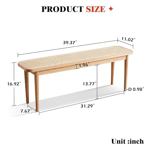 Wayshome 39.4'' Natural Rattan Dining Bench with 100% Solid Oak Wood Bench Frame, Bed End Shoe Ottoman for Kitchen Bedroom Entryway, Natural Oak thumbnail 2