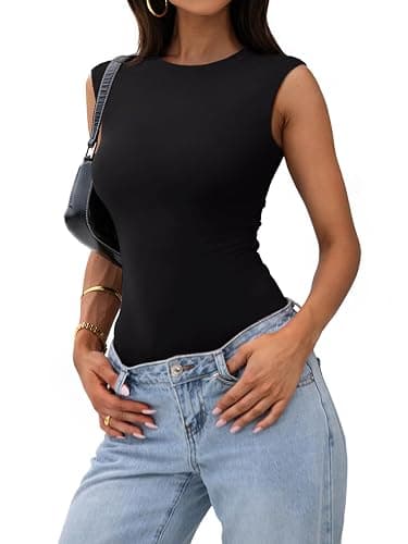 PINKMSTYLE Womens Crew Neck Sleeveless Bodysuit Double Lined Stretchy Fitted Basic Thong Body suit Tank Tops thumbnail 3