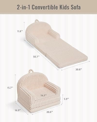 Blissful Diary Foldable Kids Couch, 2-in-1 Kids Sofa Chair, Cream White thumbnail 3