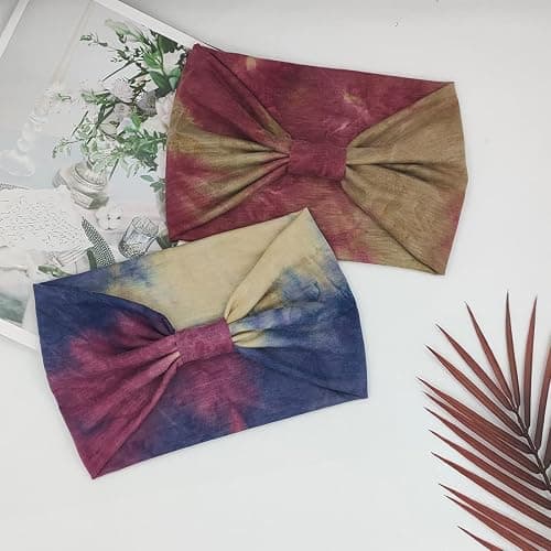 YONUF Wide Boho Headbands for Women Fashion Knotted Headband Yoga Workout Hair Accessories African Head Wrap Red Tie Dye 4 Pack thumbnail 3