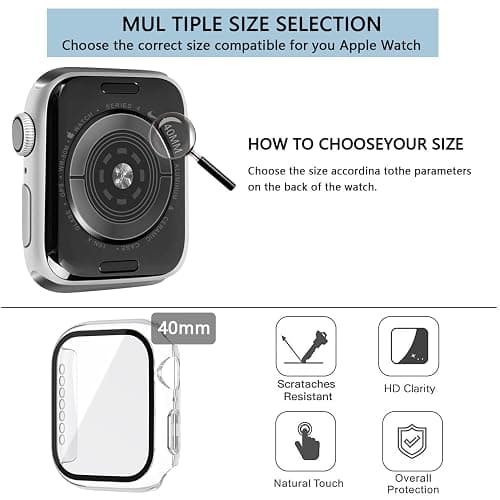 Unnderwiss 2 Pièces Transparent PC Coque Compatible avec Apple Watch Serie Watch 40mm Series 6 5 4 Se avec Protection ecran en Verre Trempé,HD Clair Ultra Mince Anti-Choc Protection iWatch (40mm) thumbnail 5