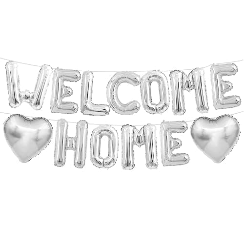Welcome Home Balloons Silver,16Inch Welcome Home Foil Balloons Banner with 18Inch Heart Balloon Welcome Home Party Decorations for Homecoming Party House Warming Party Family Party Decorations - Image 1