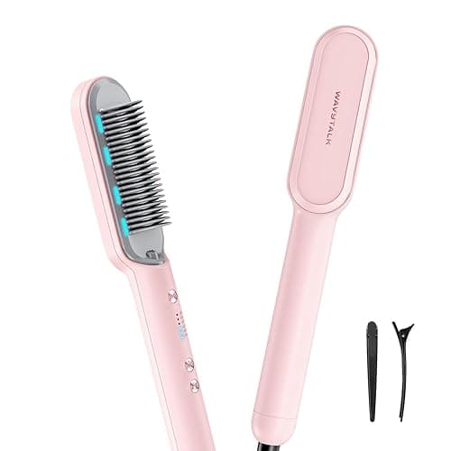 Wavytalk Hair Straightener Brush, Sleek Sweep Ionic Straightening Brush with 6 Temperature Adjust, Anti-Scald Ceramic Straightening Comb Fast Heating for Home Salon, Dual Voltage Pink. - Pink