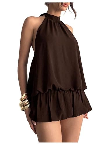 Floerns Women Backless Sleeveless Ruffle Bubble Hem Mesh Halter Mini Dress | Tie Open Back, Drop Ruched Waist, Ruffle Bubble Hem, Loose Fit, Chiffon Halter Dress thumbnail 5