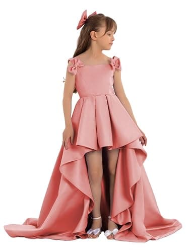 Ztikolen Satin Pageant Dresses for Girls High Low Flower Girl Dress with Bow Junior Bridesmaid Formal Wedding Party Gown - Image 1