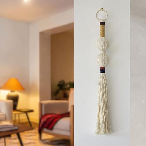 Macrame Wall Hanging Boho Decor Yarn Wall Art Small Sphericity Cotton Textile Tassel Hanging Fiber Art for Living Room Bedroom 27'' L x 2.3'' W - Ivory1 thumbnail 2