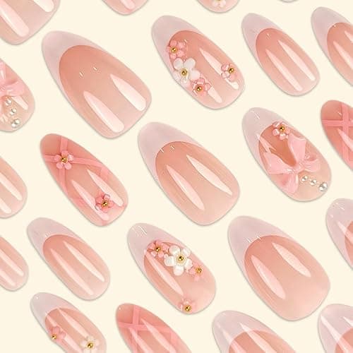 Flower Press on Nails Acrylic French Fake Nails Almond Full Cover False Nail Tips Medium Nails Pink Bow Handmade Nail Reformation for Women and Girls 24PCS thumbnail 6