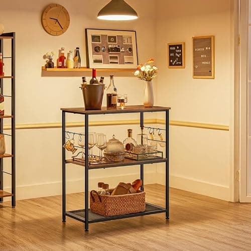 VASAGLE Bakers Rack, Kitchen Shelf, Kitchen Island, Microwave Oven Stand with 3 Open Shelves, 6 Hooks, Metal Frame, 15.7 x 31.5 x 35.4 Inches, Industrial, Rustic Brown and Black UKKI002B01 thumbnail 2