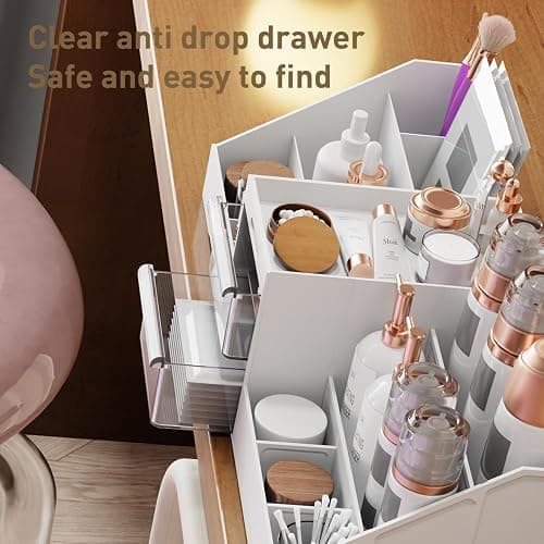 Makeup Organiser,2 In 1 Large Capacity Cosmetic Organiser With 2 Drawers And 16 Compartment, Suitable For Bathroom Bedroom Dressing Table-White/Clear thumbnail 7