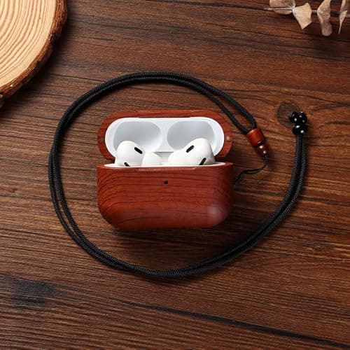 Handmade Natural Wood Case with Wristlet | Full-Body Protective Wood Case for Apple Airpod with Holes for Lanyard (Walnut, Airpod pro 2nd Generation) thumbnail 2