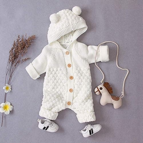 Odizli Neugeborene Baby Mädchen Jungen Kleidung Langarm Gestrickt Kapuze Strampler Body Herbst Winter Babykleidung - 0-6 Monate - Weiß thumbnail 3