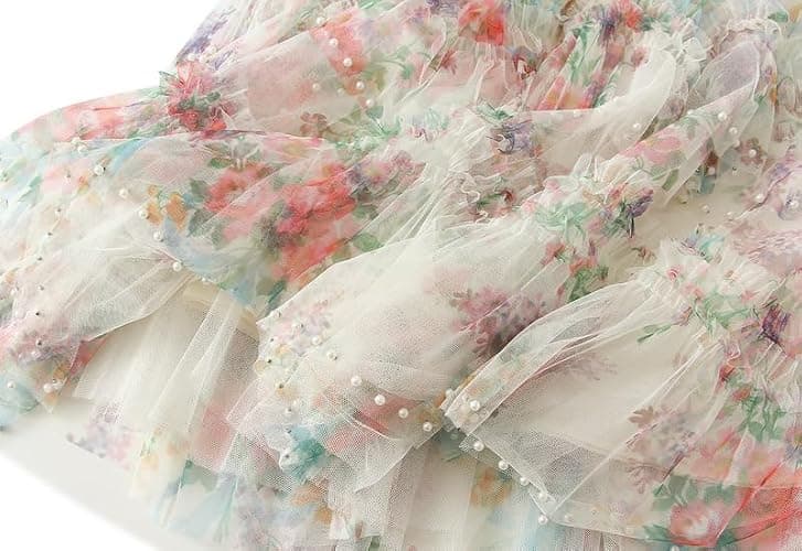 CosSky Womens Floral Tulle Skirt with Beads Elastic High Waist Mesh Tutu A-Line Midi Skirts thumbnail 5