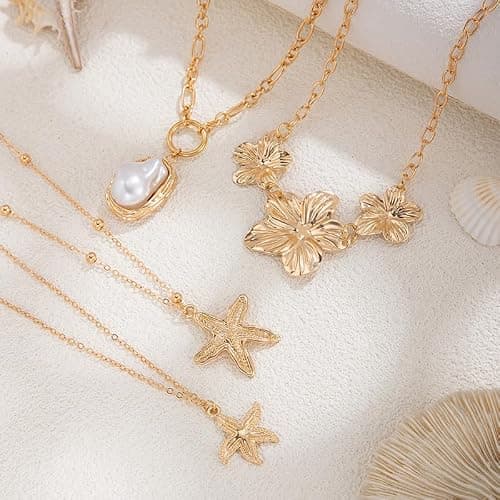 Gold Hibiscus Flower Statement Necklaces Chunky Big Flowers Floral Pearl Starfish Charms Layered Beach Beachy Vacation Choker Necklace Jewelry for Women thumbnail 7